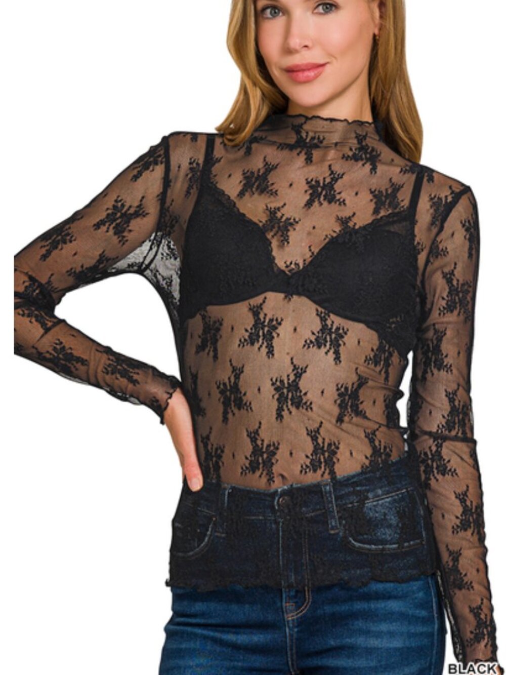ZENANA BLACK LACE LAYERING TOP LONG SLEEVE